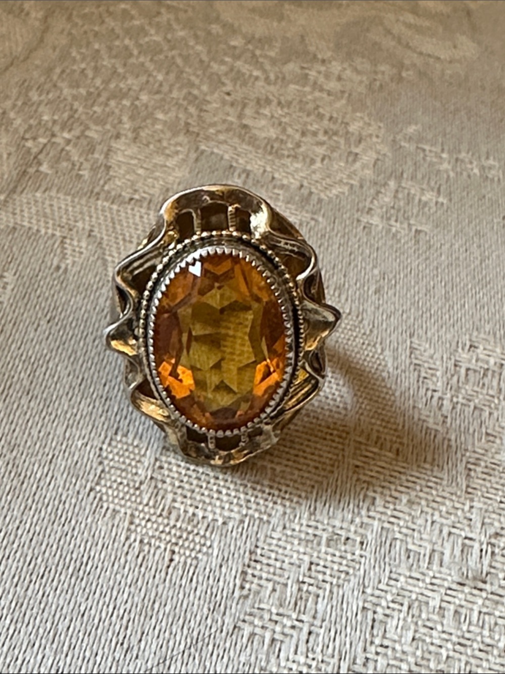 Whiting and Davis vintage signed gold-tone faux topaz ring, size 6